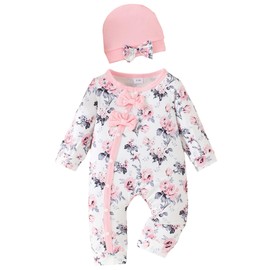 Mioglrie Baby Girl Clothes 0-3 Months Baby Girl Clothes Baby Rompers Girl White Pink Floral Long Sleeved Long Pants Jumpsuit