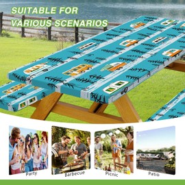 JAWO Picnic Table Cover with Bench Covers, Camper Camping RV Essentials Gear Supplies Outdoor Waterproof Windproof Tablecloth with Elastic, 72in