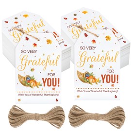 jijAcraft 100Pcs Happy Thanksgiving Gift Tags with String, Leaves Pumpkin Thanksgiving Tags, Grateful for You Thanksgiving Gift Tags, Vintage Fall Farmhouse Harvest for Thanksgiving Gift Wrapping