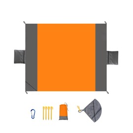 Zumhigh Beach Mat Picnic Blanket Waterproof Extra Large 210 x 200cm Corners Zippered Pocket Picnic Blanket Beach Mat 2 Storage Pouche 4 Fixed Nails for Beach Camping Hiking Lightweight Orange