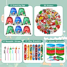 Christmas Party Packs, 12 Pack Xmas Goodie Bags with Drawstring Bags Slap Bracelets Straws Silicone Bracelets and Stickers Bulk Christmas Goodie Bag for Party Classroom Gifts