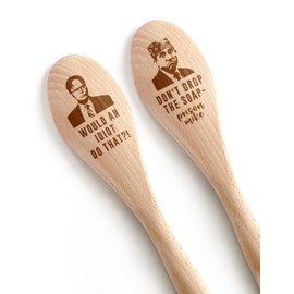 Levaukiem 2PCS Funny Wooden Spoons for Cooking, The Office TV Show Gift, Engraved Wood Spoons Kitchen Decor Accessories Housewarming Gifts for Chef Woman Fans
