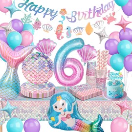 Mermaid Party Tableware Set, Mermaid Birthday Decoration 6 Years, Birthday Party Tableware, Paper Plates, Children's Birthday Decoration with Balloons for Birthday Decoration, Girls 6 Years