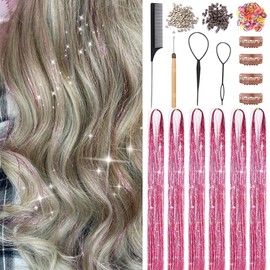 Hair Tinsel Kit, Pink Hair Tinsel With Tools 48 Inch 1500 Strands Fairy Hair Tinsel Heat Resistant Glitter Tinsel Hair Extensions, Christmas Sparkling Hair Tinsel Kit for Girls(Pink)