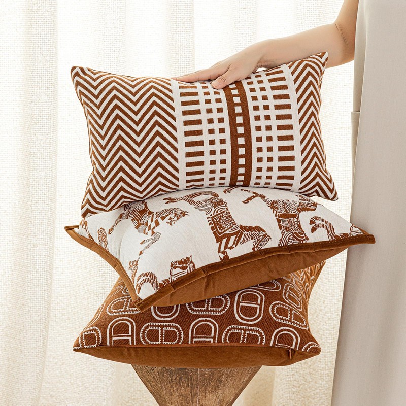 Brown Geometric Pattern Pillow Cover Chenille Striped Cushion Cover Decorative