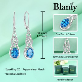 Blaniy Oval Cut Aquamarine Drop Dangle Earrings 925 Sterling Silver Infinity Leverback Earrings March Birthstone Jewelry Gifts for Women