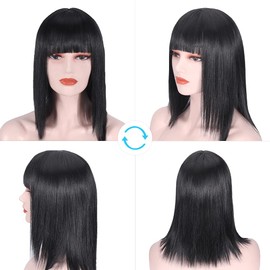 Short Black Bob Wigs with Bangs,Shoulder Length Synthetic Cosplay Wig for Girl, Straight Colorful Costume Wig for Women, Natural Looking Heat Resistant Fiber Synthetic Wigs for Daily Party(14'',Black)