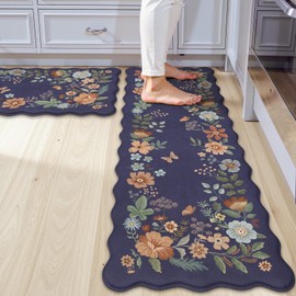 Collive Anti Fatigue Mats for Kitchen Floor, Scalloped Waterproof Kitchen Rugs Sets of 2 Non Skid Floral Desk Rug, Comfort Memory Foam Standing Mat for Office, Sink, Laundry, Blue