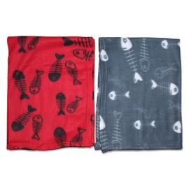 Pets Instinct Small Soft Fleece Fish Print Pets Cat Kitty Kittens Blanket Cat Bed Blankets 80 x 60 cm (Pack of 2 Grey & Red Cat Blankets)