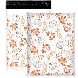JarThenaAMCS 100Pcs Fall Poly Mailers 10 x 13 Inch Pumpkin Leaves Autumn Mailing Bags Thanksgiving White Orange Self-Sealing Plastic Packaging Envelopes Bags Shipping Bags for Small Business Clothing