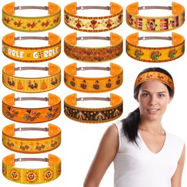 Suncalla 12 Pcs Turkey Trot Thanksgiving Sports Headbands Bulk Adjustable Non Slip Velvet Lined Hair Bands Elastic Wide Sweatband for Men Women Girls Fitness Running Yoga Cycling