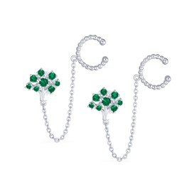 Geometric Square Pyramid Pave CZ Tree Heart Cartilage Ear Helix Cuff Wrap Earlobe Chain & Stud Earrings Set .925 Sterling Silver, Cubic Zirconia, Cubic Zirconia