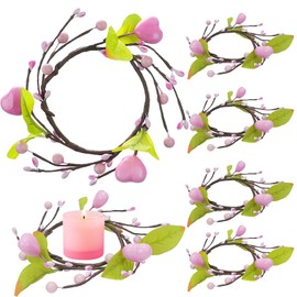 VirtuGro 6 Pieces Valentine Candle Rings Mini Valentine's Day Heart Wreath with Berry Pink Heart Candle Rings Wreaths for Valentine's Day Wedding Party Front Door Wall Window Decor(Pink)