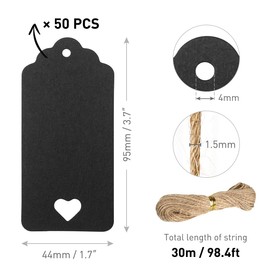 FOMGIIN Kraft Paper Gift Tags, 50 Pcs Black Gift Tags for Crafts and Easter Christmas Lovely Labels Heart Wedding Hollow Favour Name Tags (50 Pcs Black Tag with 30M Jute Twine String)