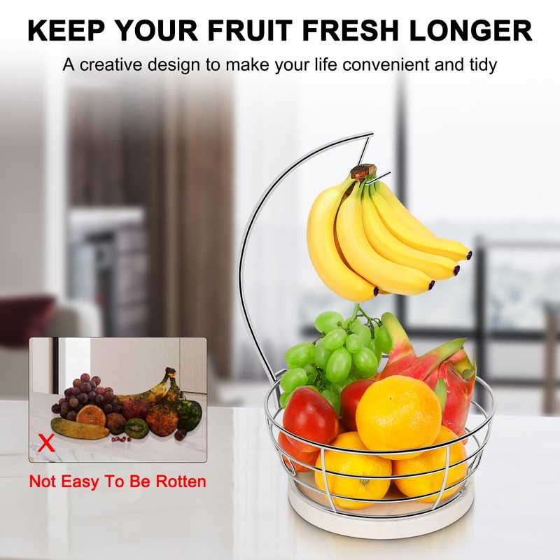 Livabber Countertop Fruit Basket Bowl with Banana Hanger, Modern Standing