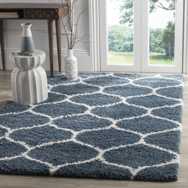 SAFAVIEH Hudson Shag Collection SGH280L Moroccan Ogee Trellis Non-Shedding Living Room Bedroom Dining Room Entryway Plush 2-inch Thick Area Rug, 3' x 5', Slate Blue / Ivory