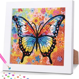 hkejoi Butterfly Diamond Art Painting Kits for Kids with Frame,Butterfly Diamond Art for Kids Ages 4-6-8-12,Easy Kids Gem Art Kit with Cartoon Box for Gift Home Wall Decor 7x7 inch