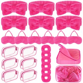 30 Pcs Sleepover Party Supplies for Girls Include 6 Bow Makeup Headband 6 Plush Sleep Eye Mask 6 Velvet Scrunchies 6 Makeup Remover Cloth 6 Clear Cosmetic Bags for Slumber Spa Party Favors Rose Red