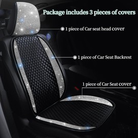 Luxury PU Leather Car Seat Cover Protector Bling Rhinestones Diamond Front Car Seat Protector Pad for Girls Women or Ladies Auto Sparkling Crystal Universal Interior Accessories White 1 Seat