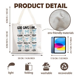 LZYRF God Says I Am Christian Tote Bag, Coquette Blue Bow Bible Verse Canvas Tote Bags for Women, Religious Scripture Reusable Grocery Shopping Bag
