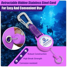Scuba Retractor Clip, Heavy-duty Dive Gear Retractable Tether with 316 Stainless Steel Snap Hook, Split Ring and 60cm (24″) Quick-release Extension Cord For Diving, Spearfishing, Swimming (Purple)