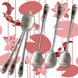 Balwoo Korean Style 8.5 inch Premium Stainless Steel Dessert & Dinner Spoons (6 Pcs, Made in Korea, Turtle Red)