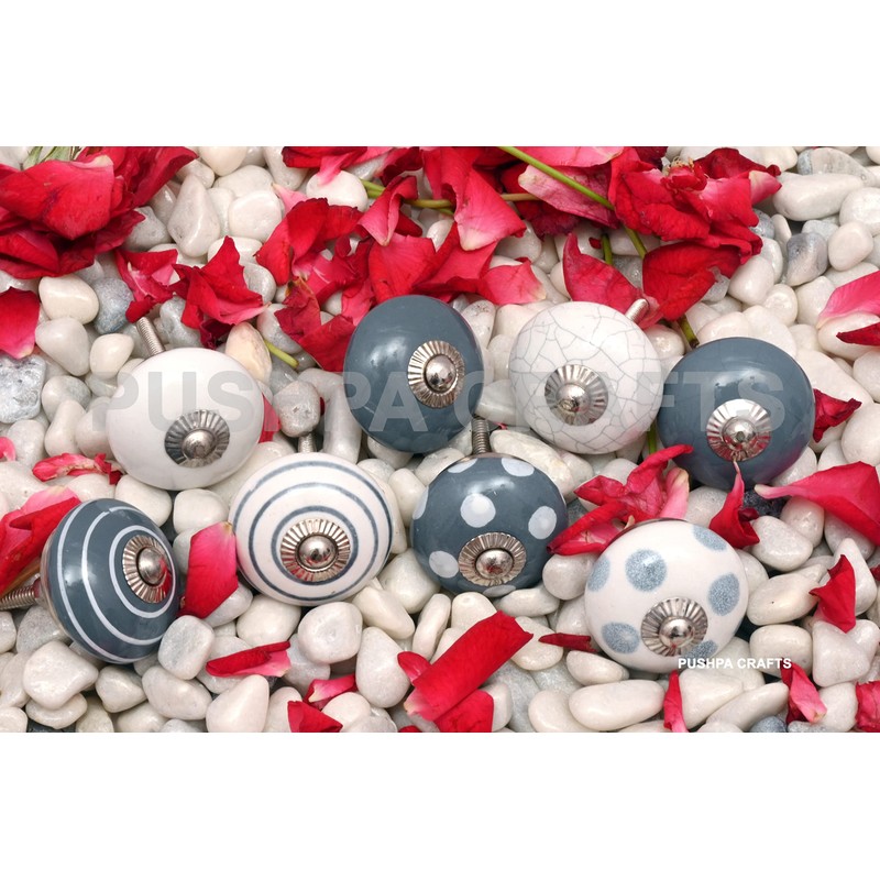 PUSHPACRAFTS 8 x Grey & White Knobs for Cupboard Drawer