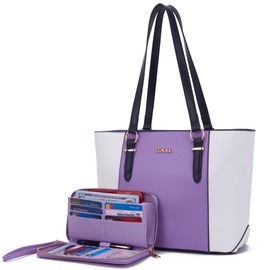 Purses for Women PU Leather Large Satchel Tote Shoulder Handbags Women Purse Wallet set 2pcs PurpleWhite
