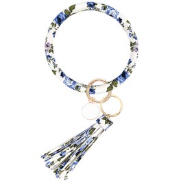 Weixiltc Wristlet Key Ring Leather Oversized Bracelet Bangle Keychain With Tassel for Women Girl (Floral)