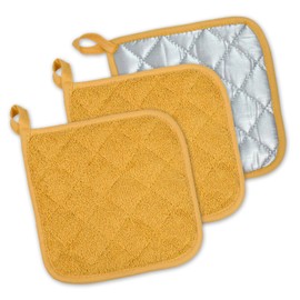DII Cotton Terry Pot Holders, 7x7 Set of 3, Heat Resistant and Machine Washable Hot Pads for Kitchen Cooking and Baking-Mustard