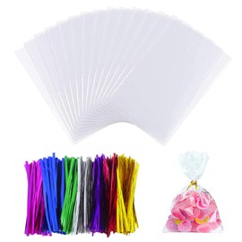 Cellophane Bags Pack of 50 with 50 Pcs Mix Colors Twist Ties, Clear Cellophane Bags Clear Sweet Bags Cellophane Gift Bags Clear Cookie Bags for Bakery Candy Packaging (6.7x4.7in)