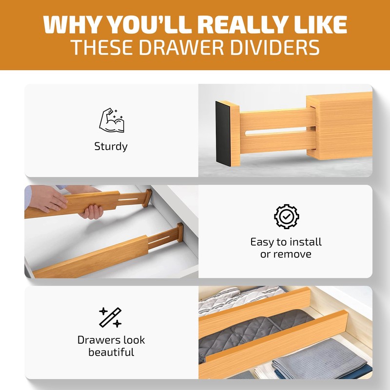 4 Pack Drawer Dividers Bamboo 2.6" High, 16-22" Adjustable Drawer