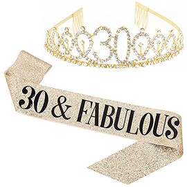 Flunyina 30 Fabulous 30th Birthday Women Gold Gillter Tiara Birthday Sash Glitter Gold Crown