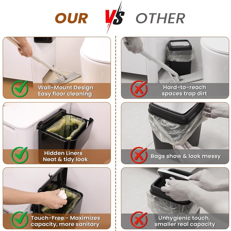 InnJoey 7-Piece Black Bathroom Set with Suction Wall Trash Can
