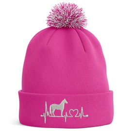Purple Print House Horse Rider Outline Embroidered Bobble Hat Horse Owners Gifts Galloping Stables Warm Winter Beanie Hat Womens, One Size, Bright Pink