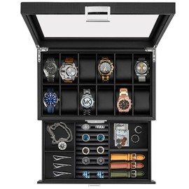Anyasun 12-Slot Watch Box, 2 Layers Watch Box Organizer with Glass Lid, Watch Holder Display Case with Jewelry Drawer,Gift for Men Women (Black, 12Slot)