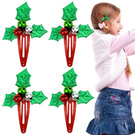 4PCS Christmas Hair Clips,Christmas Holly Hair Clip Jingle Bell Hair Barrettes Xmas Themed Hair Clip Christmas Hair Accessories for Girls
