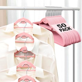 Pink Velvet Stackable Hangers 50 Pack Non Slip Felt Hanger with 360°Swivel Hook, Ultra Thin and Space Saving Flocked Hangers for Suits, Shirts, Coats, 15Lbs Capacity Heavy Duty