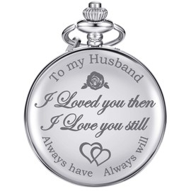 Pangda Quartz Pocket Watch to Husband Gift, Engraved Pocket Watch (Silver Case and Black Dial)