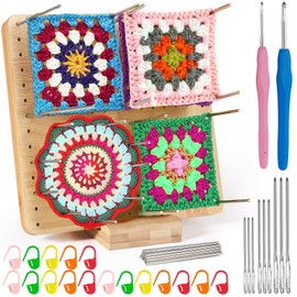 Annyswit Barrier Board for Granny Square Crochet 19.5 x 19.5 cm Wooden Blocking Board with 20 Steel Pins, 9 Darning Needles, 2 Crochet Hooks, 20 Stitch Markers Wooden Tension Board for Crochet and