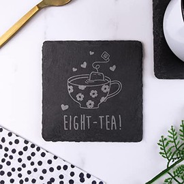 eBuyGB Engraved Square Slate Coaster -Eight-Tea Design - 80th Birthday Gifts for Women, Her - Eightieth Birthday Gift for Mum, Grandma - Drinks Mat
