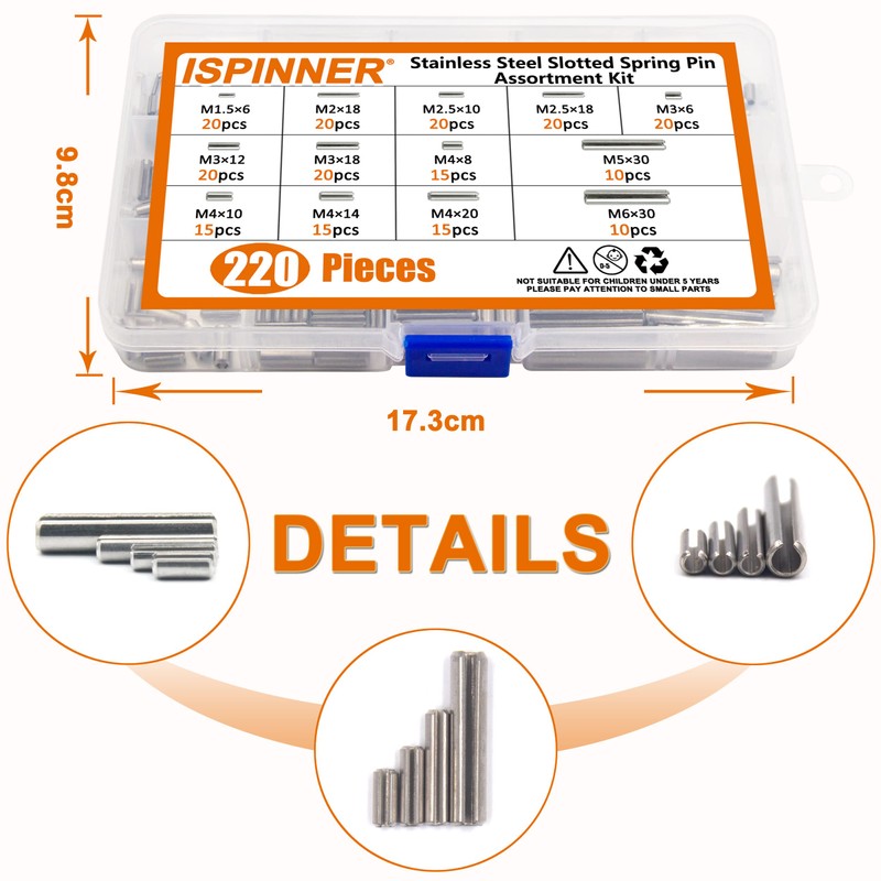 ISPINNER 220pcs Roll Pin Set, Stainless Steel Slotted Spring Pin