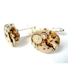 Watch Movement Cufflinks embedded with synthetic Rubies, Oval Shaped *