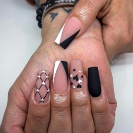 24Pcs Valentine Press on Nails Medium Coffin Fake Nails with Stripe Designs Black Acrylic False Nails Matter Glue on Nails Heart Valentine Stick on Nails for Women Girls Manicure Art