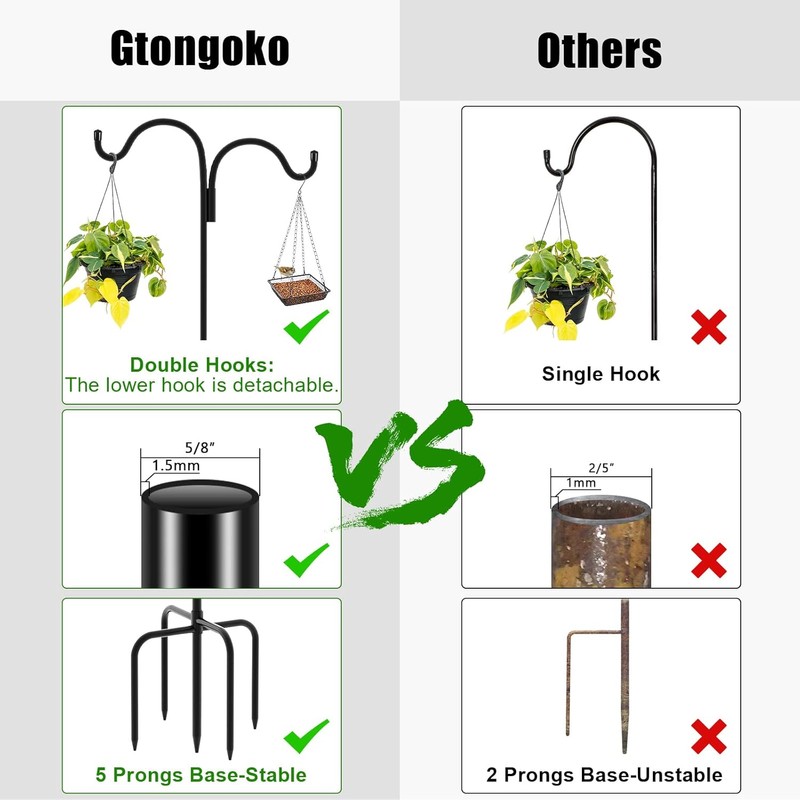 Gtongoko Double Shepherds Hook for Outdoor, 108 Inch Bird Feeder
