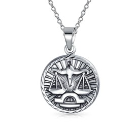 Libra Zodiac Sign Astrology Horoscope Round Medallion Pendant For Men Women Necklace Antiqued Sterling Silver