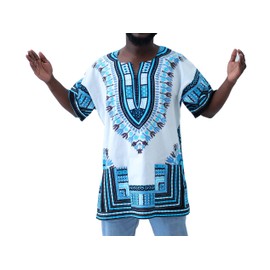 DA'IKI Dashiki Cotton Shirt African Tribal Kaftan Boho Caftan Unisex, X-Large, Dashiki - White Blue