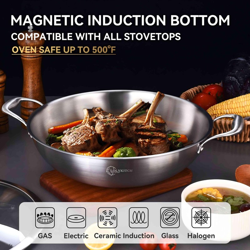 LOLYKITCH 14.5 Inch Tri-Ply Stainless Steel Chef's Wok Pan,Deep Stir-Fry