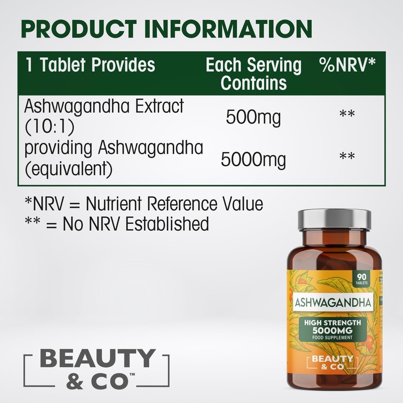 Ashwagandha 5000mg 180 Tablets (2x90), High Strength Ashwagandha- 6 Months
