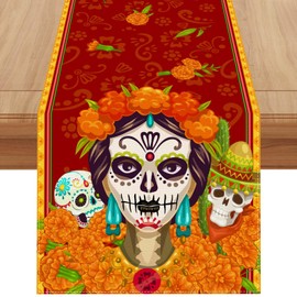 Linen Dia De Los Muertos - Camino de mesa de 72 pulgadas de largo mantel con temática mexicana, decoración y suministros para el hogar, cocina, comedor, mesa